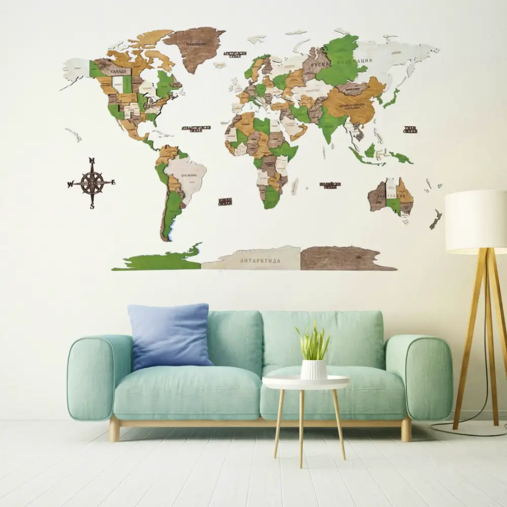 3D дървена карта на света Green olive