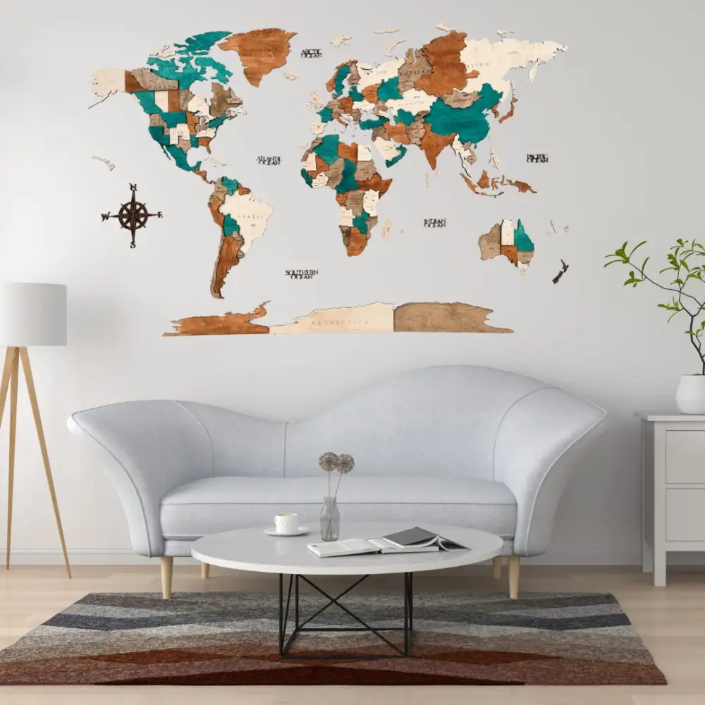 3D дървена карта на света Turquoise Oak