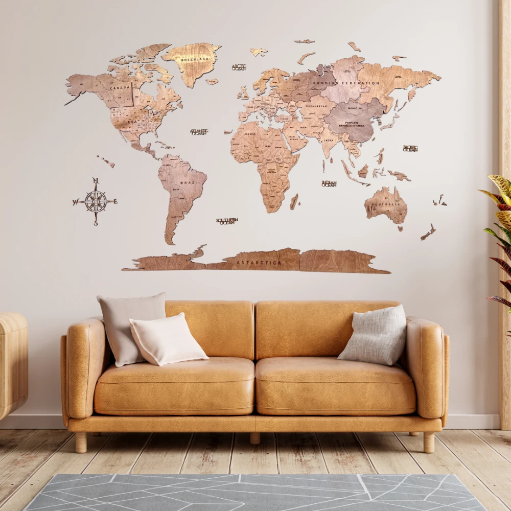 2Д дървена карта на света Череша
